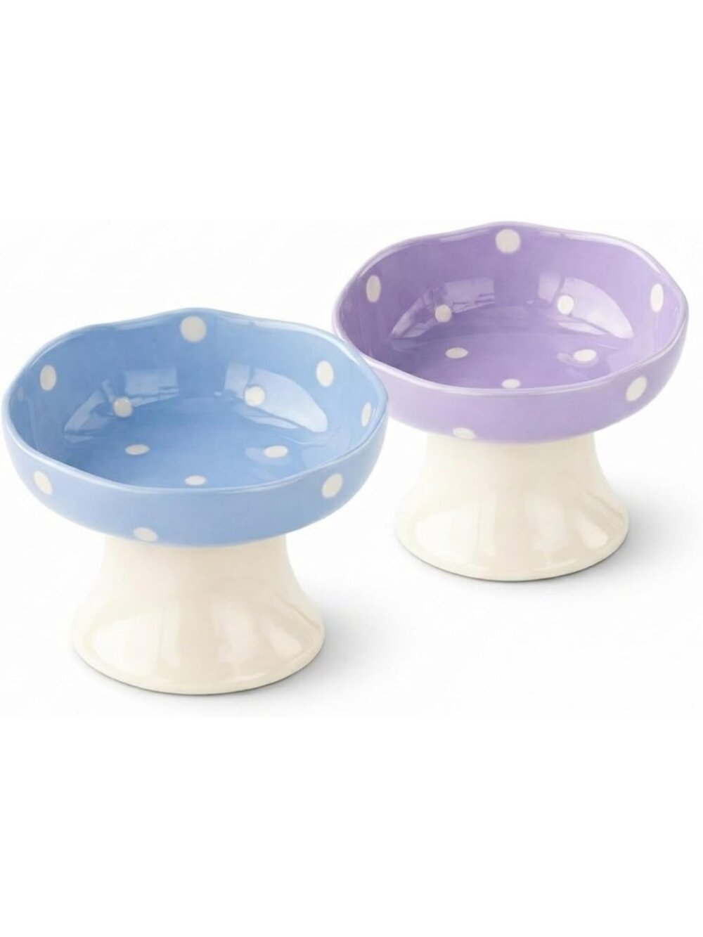 Set of 2 Elevated Ceramic Cat Bowls - Mushroom Design, Whisker-Friendly, Wide
